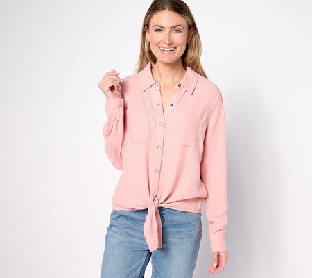 As Is AnyBody Button Front Long-Sleeve Tie Blouse