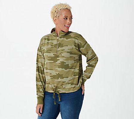 As Is AnyBody French Terry Camo Quarter Zip Pullover
