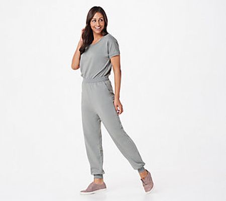 As Is AnyBody Petite Cozy Knit French Terry SS Jumpsuit