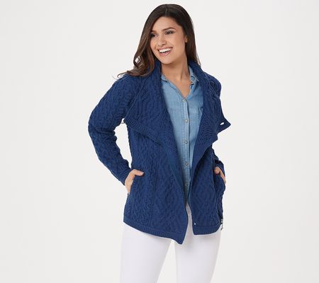 As Is Aran Craft Merino Wool Asymmetrical Zip-Front Sweater
