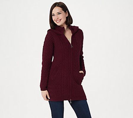 As Is Aran Craft Merino Wool Zip-Front Hooded SweaterCardigan