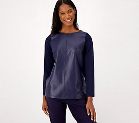As Is Belle by Kim Gravel Faux Leather Top w/ Knit Sleeves