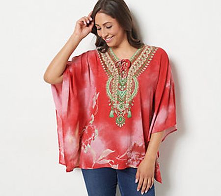 As Is Belle by Kim Gravel Printed V-Neck Lace Up Poncho