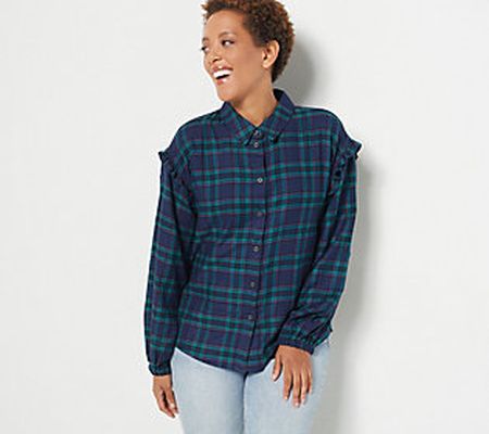 As Is Candace Cameron Bure Button Front Plaid Shirt w/Ruffle