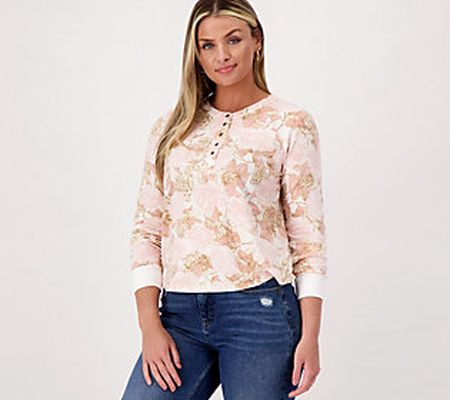 As Is Candace Cameron Bure Printed Henley Curve Hem Top