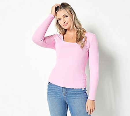 As Is Candace Cameron Bure Square-Neck Soft Ruffle Rib Knit