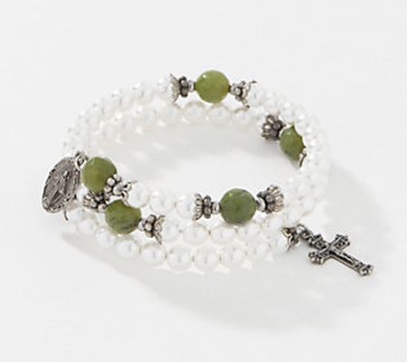 As Is Connemara Marble Faux Pearl Coil Rosary Bracelet
