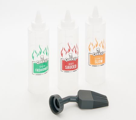 As Is Corky's Set of 3 Sauce Bottles withSiliconeBrush