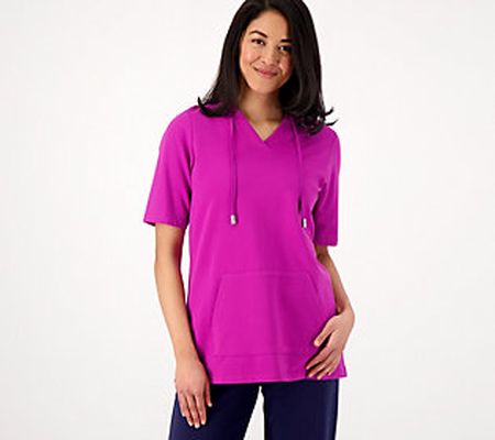 As Is Denim & Co. Active French Terry PetiteHooded V-Neck