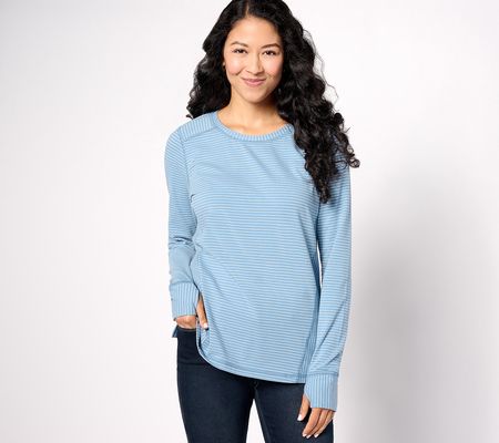 As Is Denim & Co. Active Jersey Striped Coverstitch Top