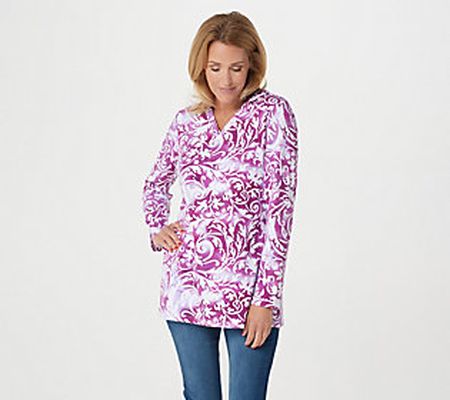 As Is Denim & Co. Active Printed French Terry V-Nk Hood Tunic