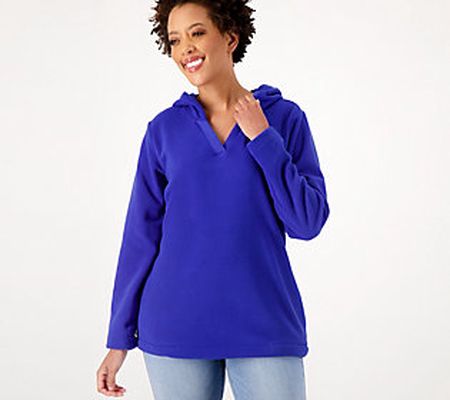As Is Denim & Co. Comfort Zone Fleece Hooded V-Neck Pullover