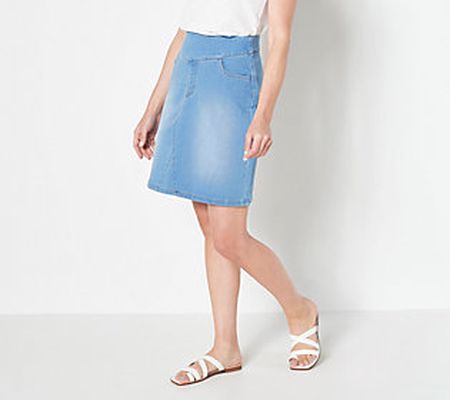 As Is Denim & Co. Comfy Knit V-Yoke Pull-On Denim Skirt