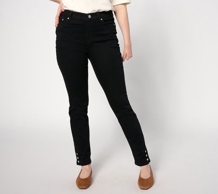 As Is Denim & Co. Easy Stretch Petite SlimLeg Jean w/Button