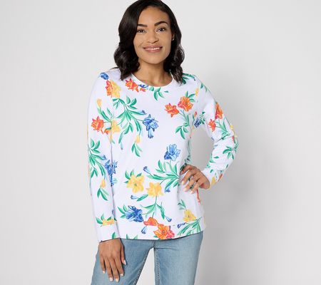 As Is Denim & Co. Floral French Terry Long Sleeve Pullover