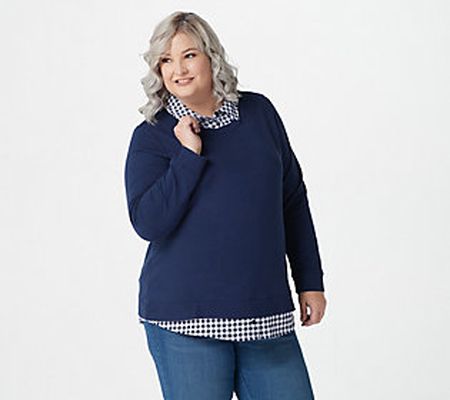 As Is Denim & Co. French Terry Reg Top with Print Collar