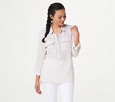 As Is Denim & Co. Naturals Striped LongSleeve Popover Top