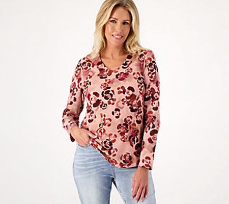 As Is Denim & Co. Print Perfect Jersey V-Neck Curved Hem Top