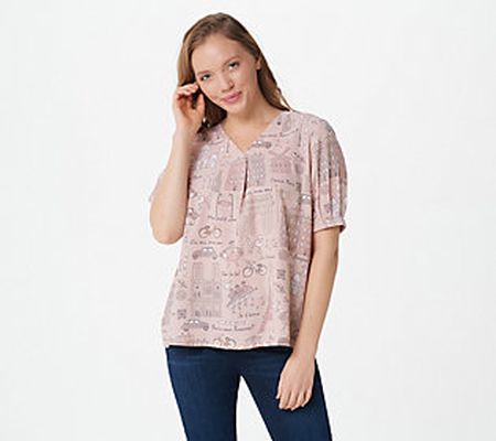 As Is Denim & Co. Printed A-Line Blouse with Crossover Vneck