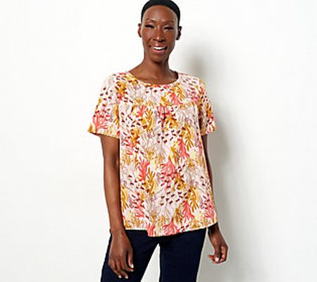 As Is Denim & Co. Printed Boatneck Woven Top w/Shirring