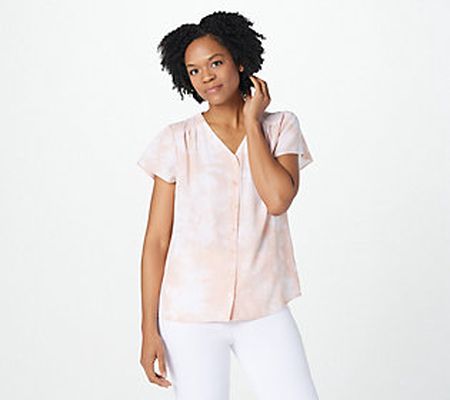 As Is Denim & Co. Printed Button-Front Flutter-Sleeve