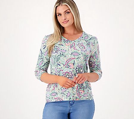 As Is Denim & Co. Printed Heavenly Jersey V- Neck 3/4 Sl Top