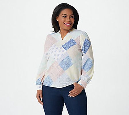 As Is Denim & Co.  Printed Patchwork Notch Collar Blouse