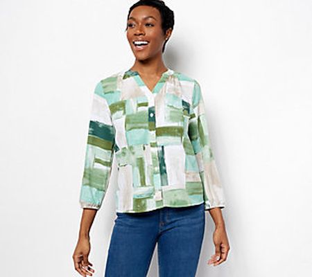 As Is Denim & Co. Printed Y-Neck Button Front Blouse