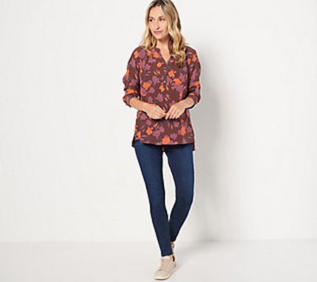 As Is Denim & Co. Printed Y-Neck HenleyBlouse w/Gathered Neck