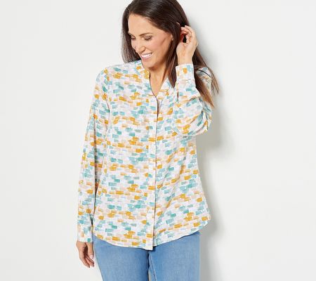 As Is Denim & Co. Printed Y-Neck Long-Sleeve Shirt