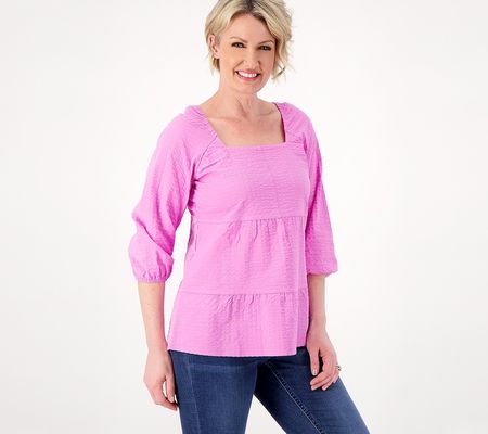 As Is Denim & Co. Tiered Top with Elastic Neckline