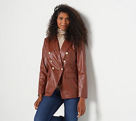 As Is Dennis Basso Faux Leather Double Breasted Blazer
