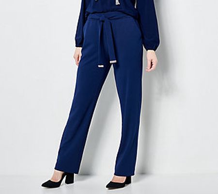 As Is Dennis Basso Regular Luxe CrepeStraight Pants with Belt