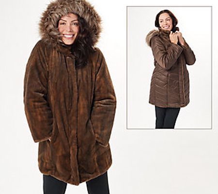 As Is Dennis Basso Reverse Faux Fur to Water Resistant Coat