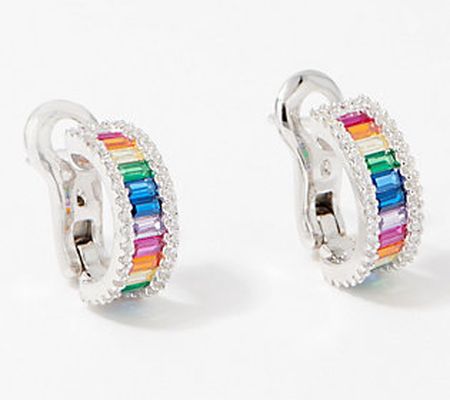As Is Diamonique Clear or Rainbow Baguette Hoop Earrings
