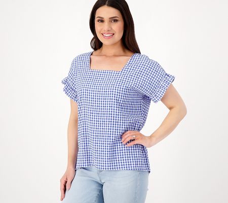 As Is Girl With Curves Gingham Flutter Sleeve Blouse