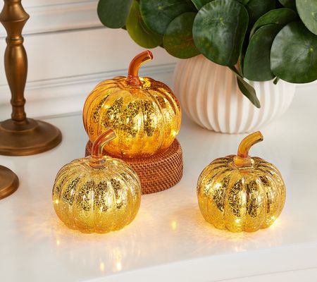 As Is Home Reflections Set of 3 Mercury Glass LED Pumpkins