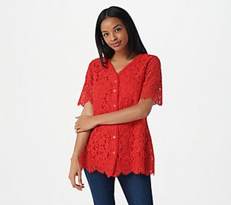 As Is Isaac Mizrahi Live] Knit Lace Button Front Top