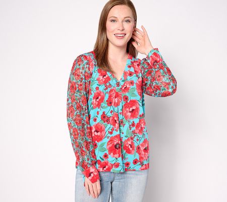 As Is Isaac Mizrahi Live! Printed Long Sleeve Top with Lace