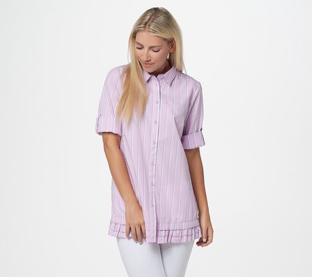 As Is Joan Rivers 3/4-Sleeve Striped Shirt with Ruffle Hem