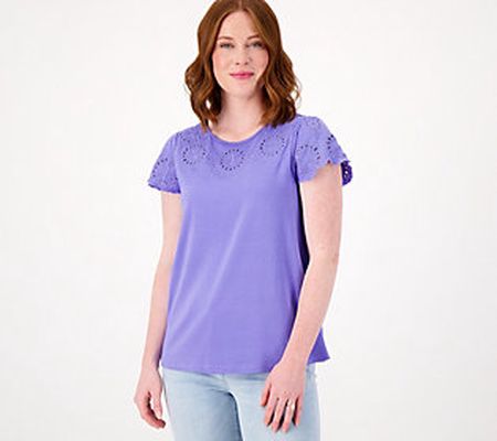 As Is LaurieFelt Cotton Bamboo Eyelet FlutterSleeve Tee