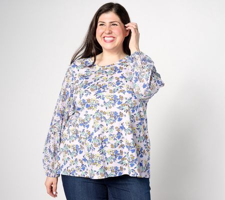 As Is LOGO by Lori Goldstein Long Slv Printed Eyelet Mix Top