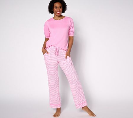 As Is MUK LUKS Ribbed Knit Puff Slv & Strght Pant Pajama Set