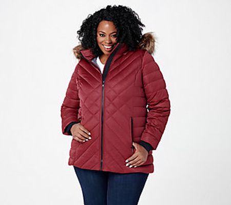 As Is Nuage Stretch Mixed Quilted Puffer Coat w/ Faux Fur