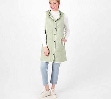 As Is Nuage Zip Front Quilted Long Vest with Scuba Hood