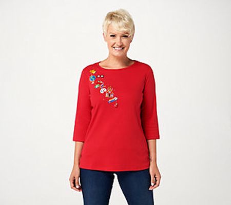 As Is Quacker Factory Embroidered 3/4-Sleeve Top with Charm