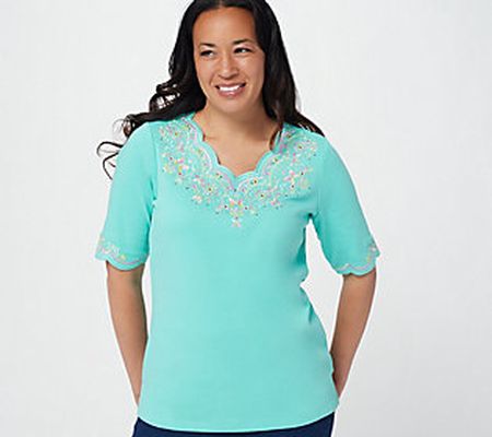 As Is Quacker Factory Lacey Embroid. Scallop Elbow Slv. Top