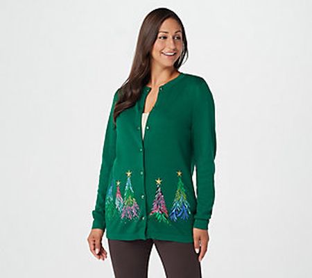 As Is Quacker Factory Rhinestone Tree ButtonFront Cardigan