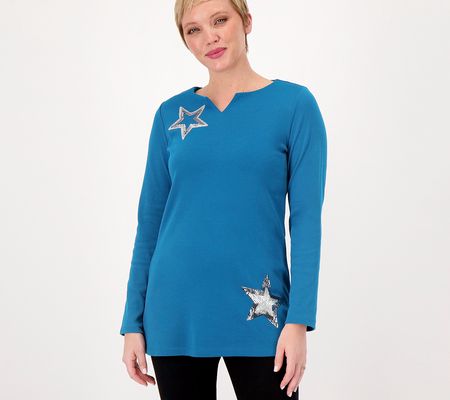 As Is Quacker Factory Twinkle Star Sequin Long Sleeve Top