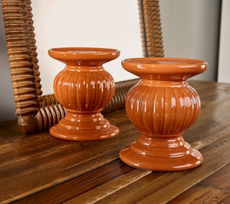 As Is S/2 6 Ceramic Pumpkin Candle HolderPedestals